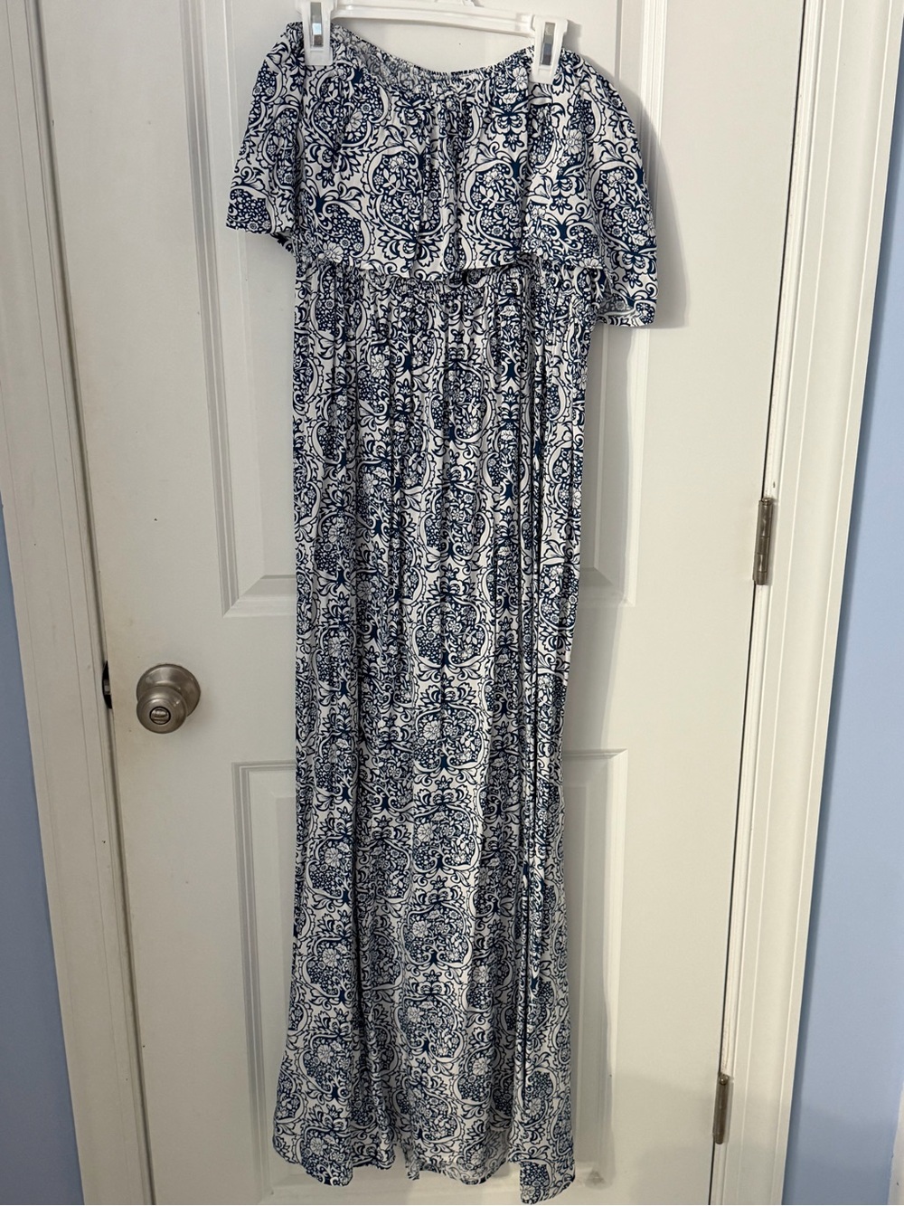Off-Shoulder Blue and White Maxi Dress